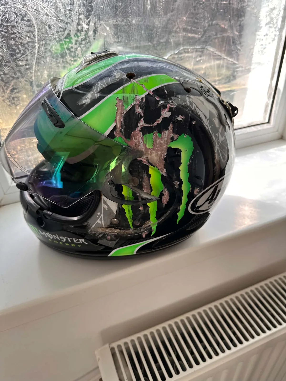 Roman's damaged motorcycle helmet